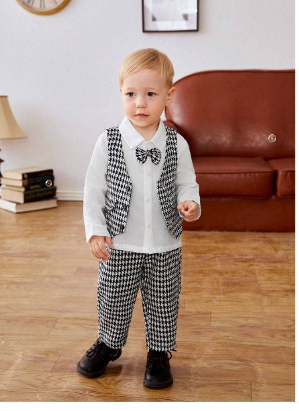 Baby Boys' Fashionable, Elegant, And Gentlemanly Black And White Plaid Same Color Vest