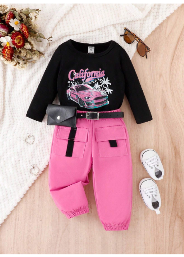 Baby Girl Car & Letter Graphic Tee & Flap Pocket Pants