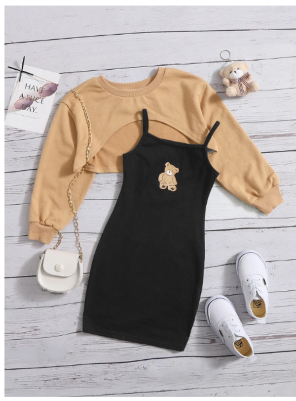Young Girl High Low Hem Tee & Bear Print Cami Dress