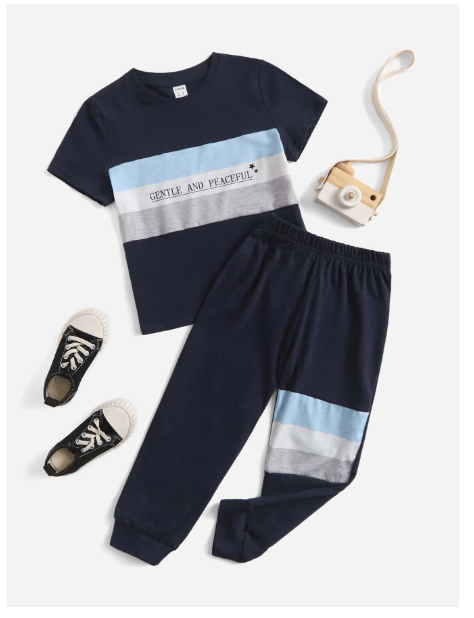 Young Boy 2pcs/Set Casual Comfortable Knitted Contrast Color T-Shirt And Sports Pants Outfit