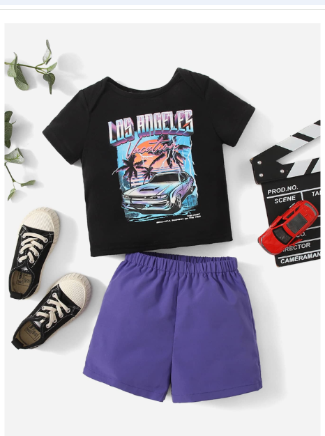 Baby Boy Car and Tropical Print Top & Shorts Set