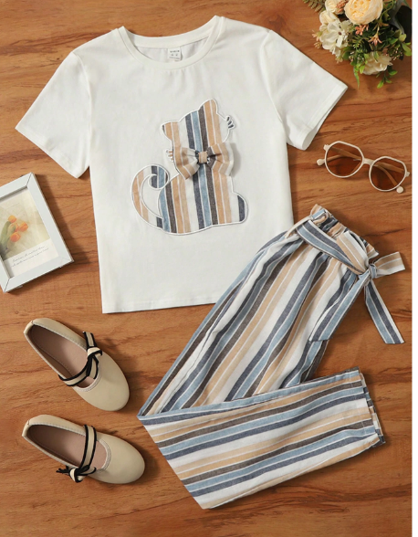 Toddler Girls' White Knitted Tee With Cat Illustration, 3d Bow Knot & Colored Striped Loose Pants 2pcs/Set