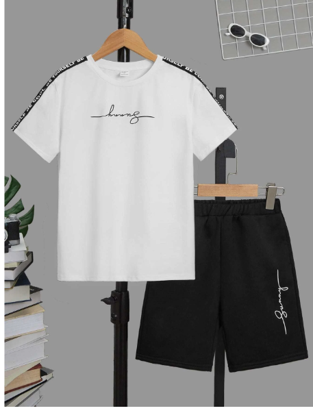 Boys Letter Graphic Contrast Tape Tee & Shorts Carousel 2