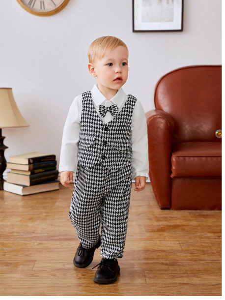 Baby Boys' Fashionable, Elegant, And Gentlemanly Black And White Plaid Same Color Vest Carousel 1
