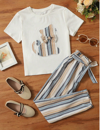 Toddler Girls' White Knitted Tee With Cat Illustration, 3d Bow Knot & Colored Striped Loose Pants 2pcs/Set