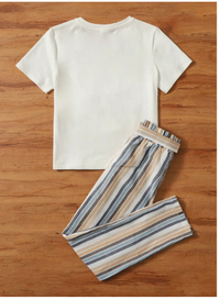 Toddler Girls' White Knitted Tee With Cat Illustration, 3d Bow Knot & Colored Striped Loose Pants 2pcs/Set Carousel 1