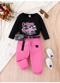 Baby Girl Car & Letter Graphic Tee & Flap Pocket Pants
